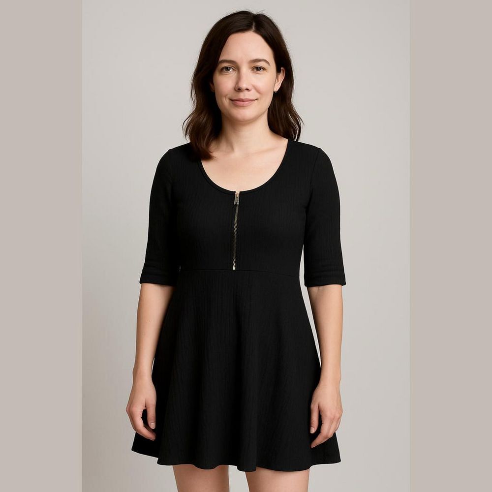 boohoo Ribbed Black Fit & Flare Dress - Size 14